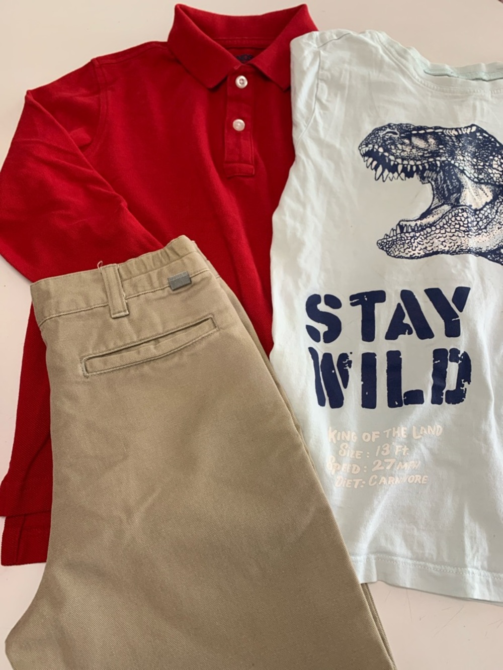 Boys sz7 bundle Lands End Red Polo, Dockers Pleated Khakis & TRex Oshhosk T